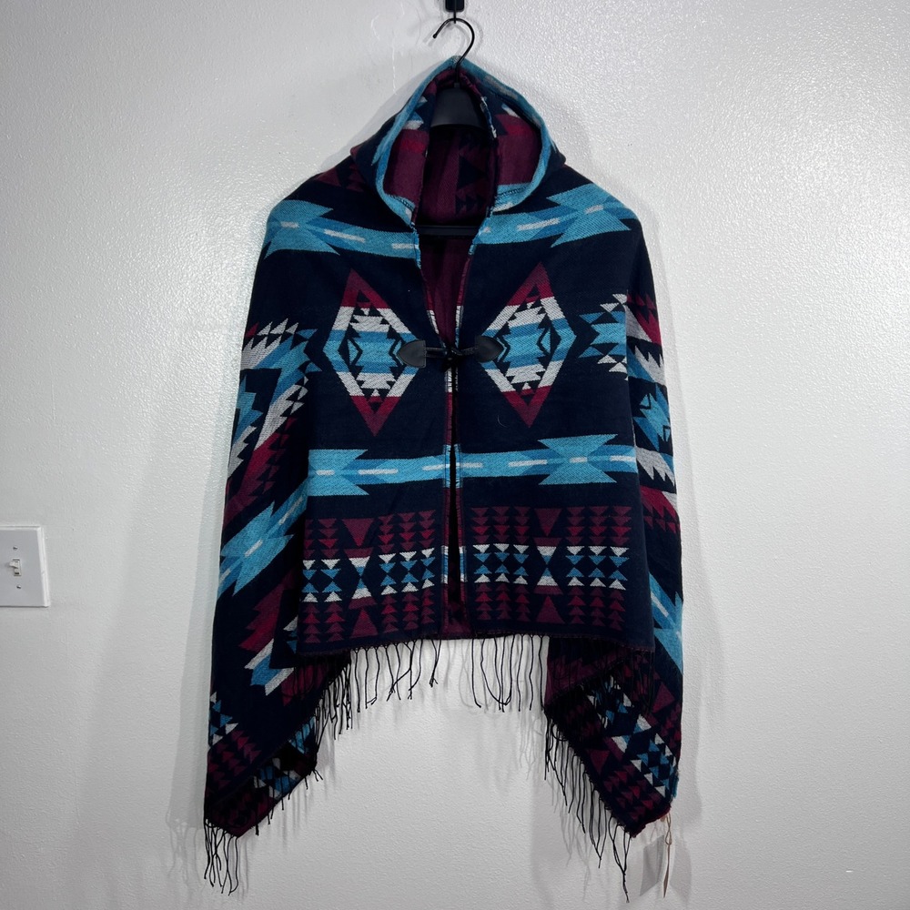 Canyon Sky Southwestern Hooded‎ Poncho Cape Womens OS Navy Blue Geometric Fringe